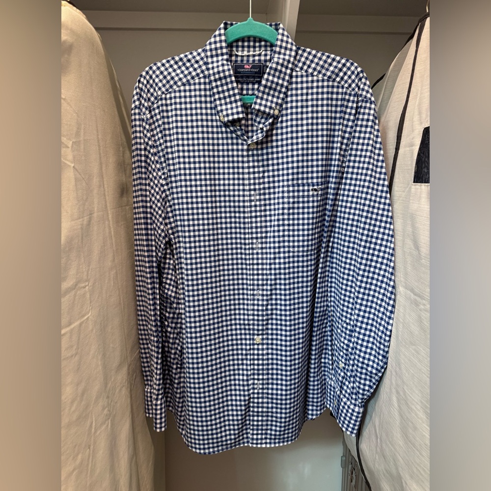 Vineyard Vines Men's Navy Blue Gingham Classic Fit Tucker Shirt XL